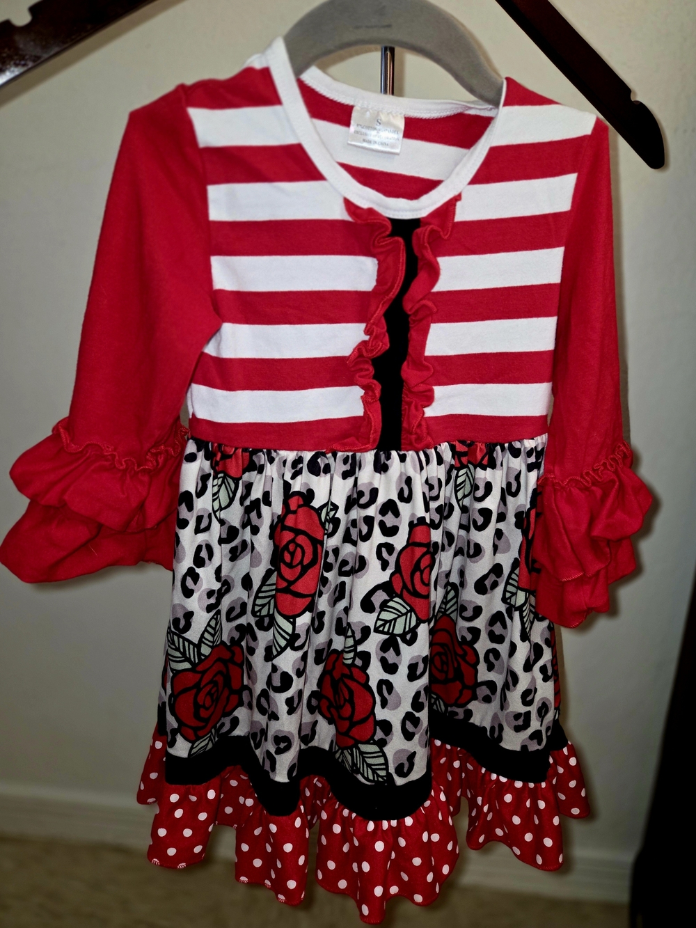 Red & White Striped Ruffle Floral Girls' Dress